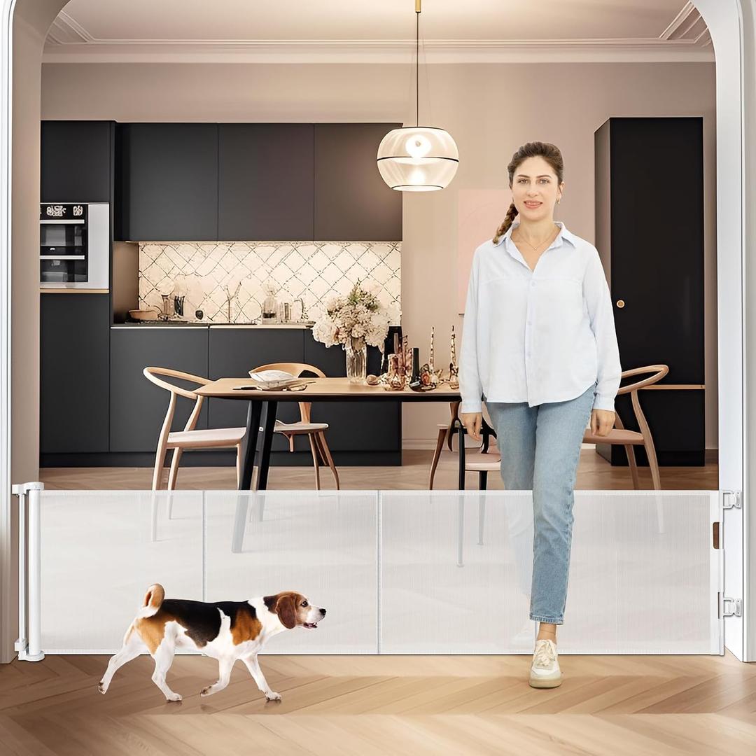 24 Inch Tall x 75 Inch Extra Wide Retractable Dog Gate for The House, Short Dog Gate to Step Over, Reinforced Mesh Puppy Gate for Doorways, Step Over Pet Gate for Stairs, Indoor/Outdoor, White