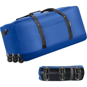 Finnhomy 120L Foldable Rolling Duffel Bag with 3 Wheels, Light Weight Travel Duffel bag with Large Loading Capacity, 32'' Rolling Duffel bag with Shoulder Strap (Blue)