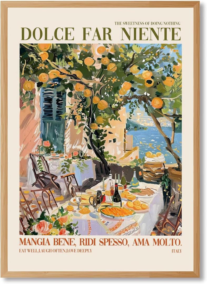 Vintage Italy Canvas Wall Art Dolce Far Niente Quote Lemon Tree Patio Poster Trendy Travel Wall Decor Amalfi Coast Print Rustic Italian Food Painting For Dining Room Kitchen 8x12inch Wood Frame