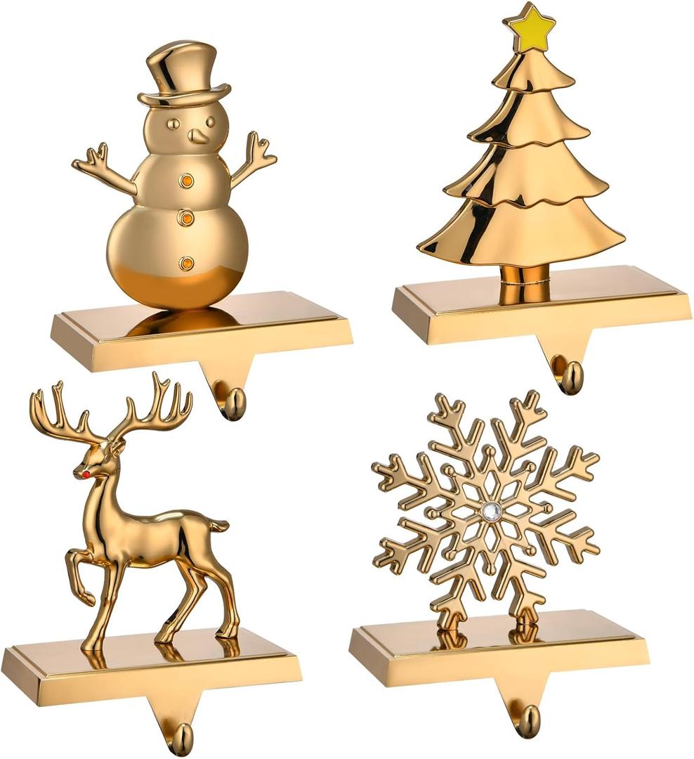 GengGeng 4PCS Christmas Stocking Holders for Fireplace Set of 4,Christmas Weighted Stocking Hanger Hooks for Mantle- Traditional Tropical Stockings Holder for Mantle/Fireplace(Antique-Color 4 Pack)