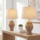 JONATHAN Y 20.5" Natural Wicker Table Lamp Set of 2, Bohemian Rustic Farmhouse Bedside Lamps for Living Room, Nightstand Desk Lamps with Beige Linen Shade, LED Bulbs Included JYL4041A-SET2