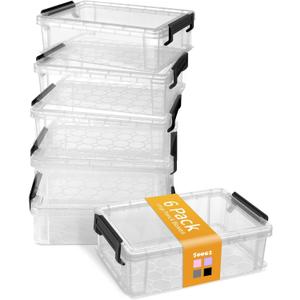 Sooez 6 Pack Extra Large Pencil Box, Plastic Pencil Case Crayon Box Bulk, Clear Marker Organizer Plastic Containers with Lid, Stackable Storage Boxes for Art Craft, Pen, Back to School Supplies, Black