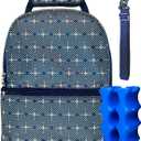 Insulated Breast Milk Cooler Bag  Fits 6 Bottles -Inclueds 2 Ice Packs  Dual Zipper Compartments - Detachable Strap - 9.4"x6.7"x10.6"  Blue Geometric Design - Portable & Durable