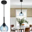 MILUCES Kitchen Pendant Lighting Over Sink 1-Light Hanging Lights for Kitchen Blue Glass Pendant Lights with Striped Swirl Glass Shade, Suit for Dining Room Bar Hallway