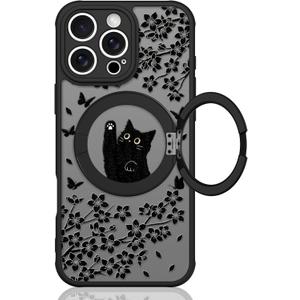 Cute Case for iPhone 16 Pro Max Case with Stand [ Compatible with MagSafe ] Kawaii Black Cat & Floral & Butterflies Pattern Design 360 Magnetic Ring Kickstand Phone Cover for Women Girls Boys