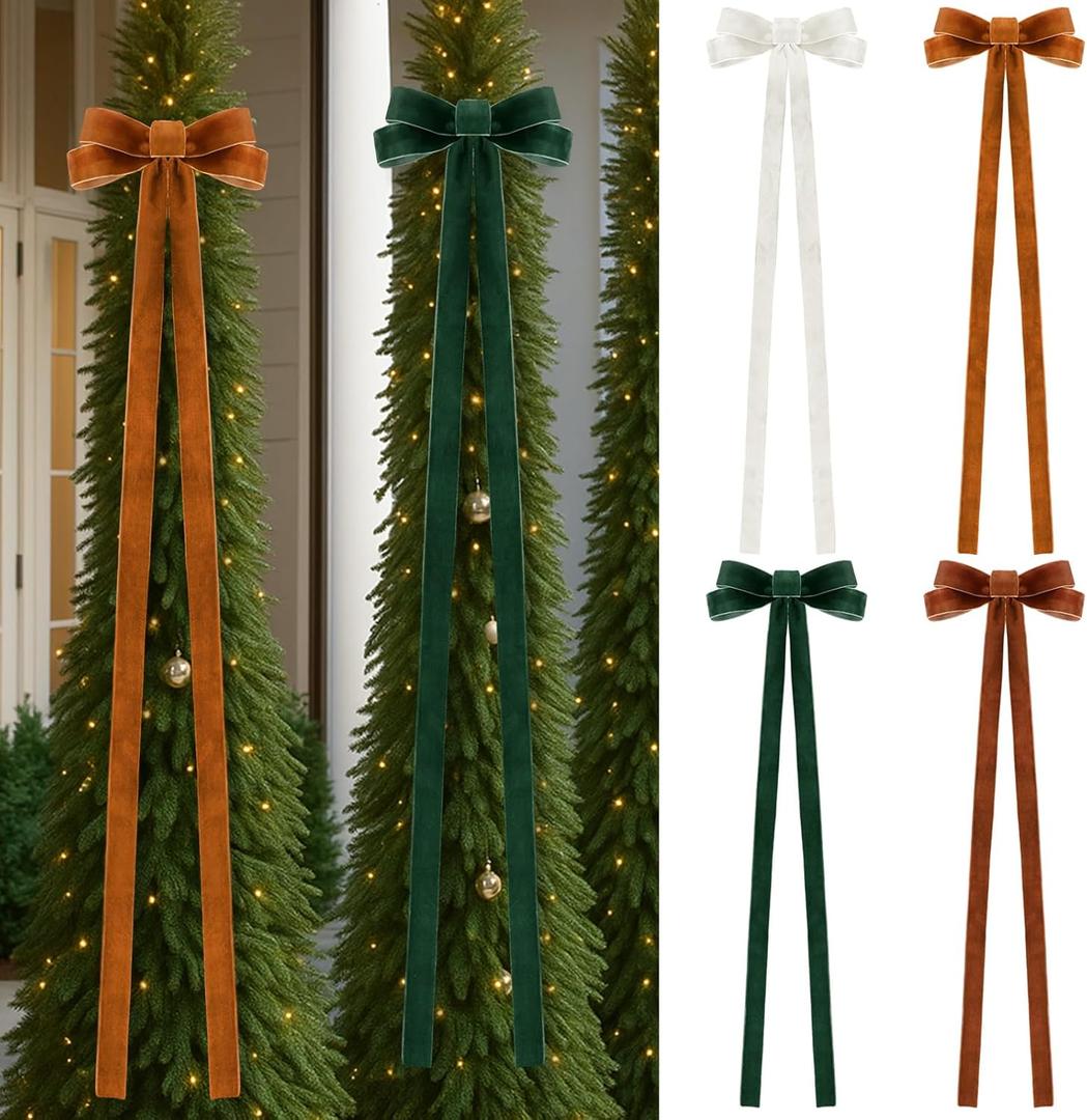 Civaner 4 Pcs Khaki Green White Brown Extra Large Christmas Velvet Tree Bow 47.2 x 11.8 Inch Vintage Giant Wreath Christmas Tree Topper Bow Ornament with Long Streamer for Door Staircase Outdoor