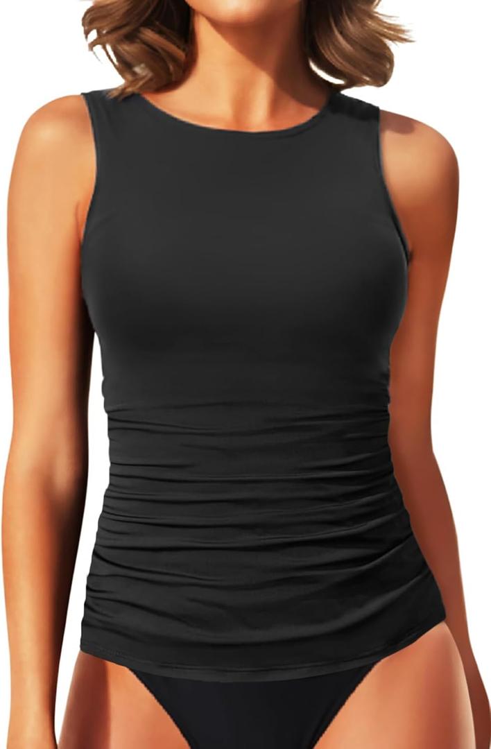 Daci Tankini Tops for Women High Neck Swim Top Tummy Control Bathing Suit Top Modest Swim Tank Top No Bottom (Large, Black)