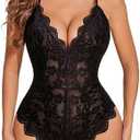 Avidlove Women One Piece Lingerie Deep V Teddy Sexy Lace Bodysuit Snap Crotch Babydoll Size XL Black