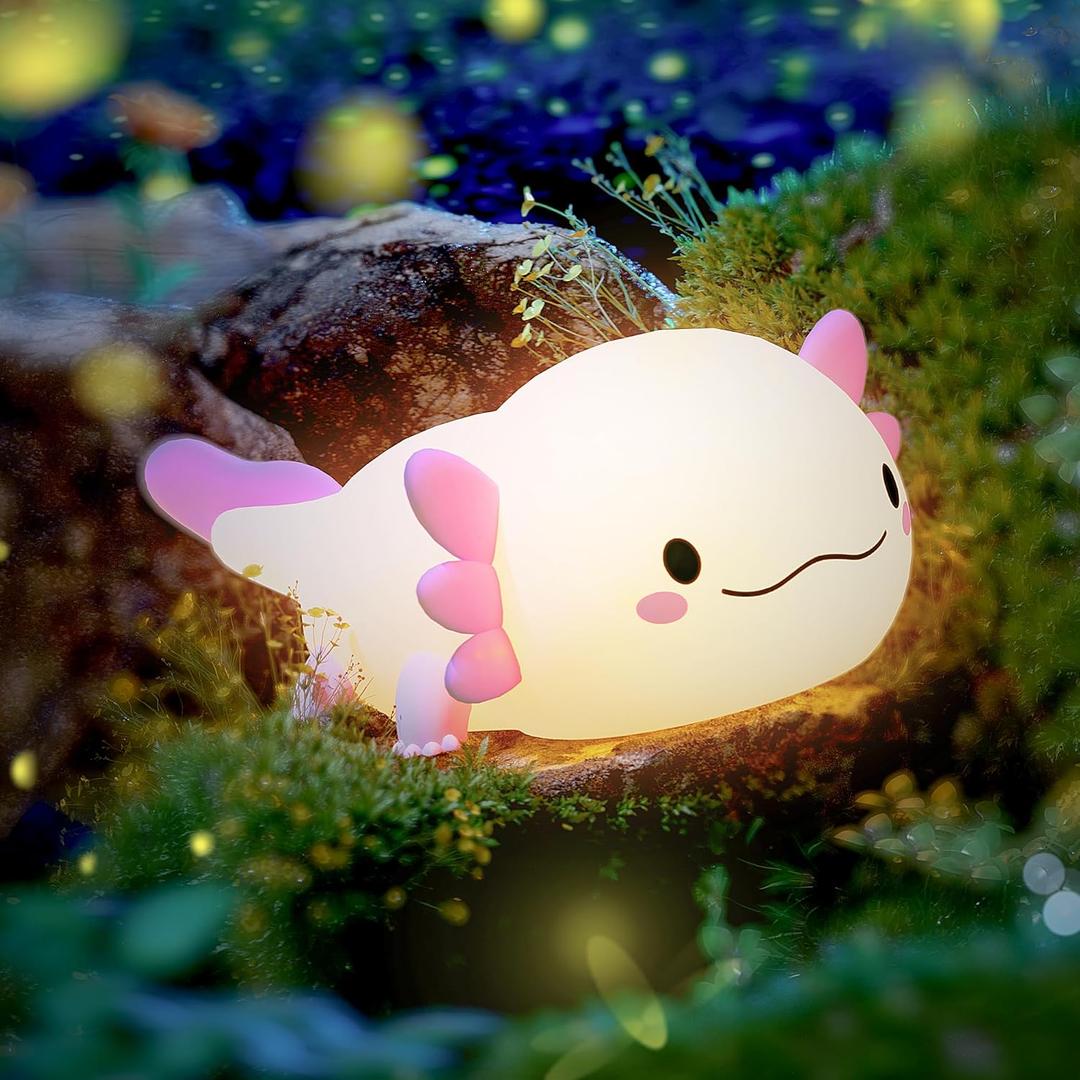 UNEEDE Axolotl Night Light for Kids, Animal Silicone Nursery Night Lamp, Rechargeable Table Lamp Bedside Lamp, Cute Room Decor Night Light for Bedroom Living Room Dining Desk Decor Gift Kawaii Toys