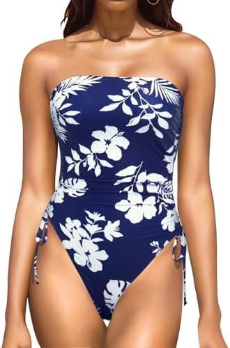 Yonique Women Strapless One Piece Swimsuit Tummy Control Bandeau Bathing Suit Cheeky Swimwear, XL Size