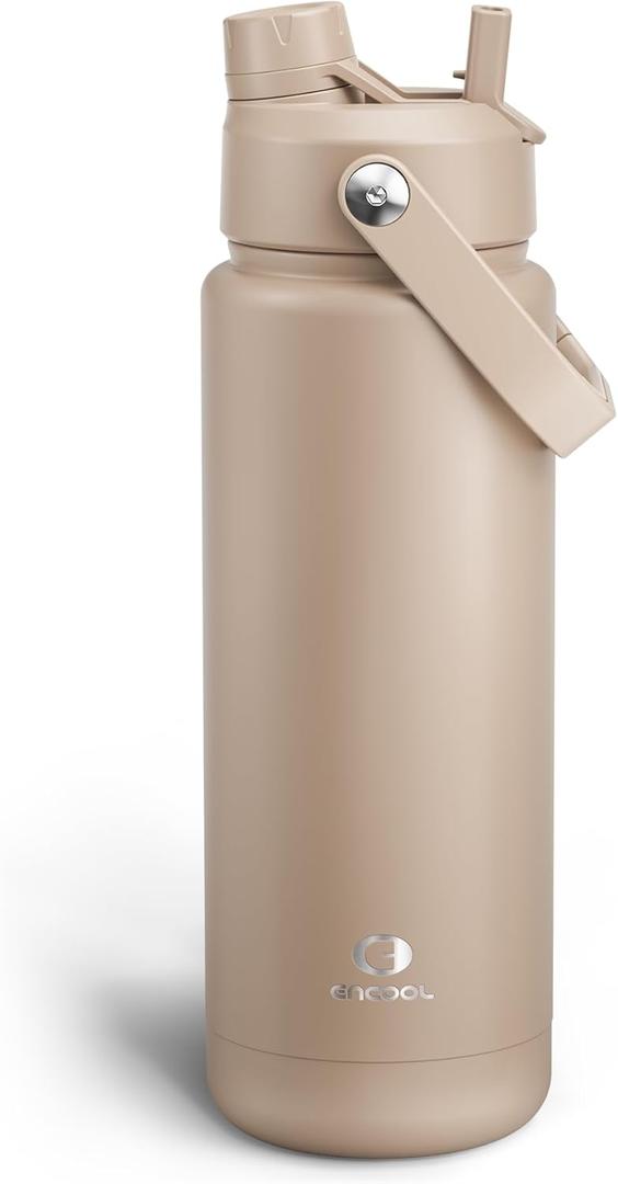 ENCOOL Insulated Water Bottle with Straw Stainless Steel Water Bottle, Leak-Proof, BPA-Free, Double Wall Vacuum Keeps Cold for 24 Hours for Sports, Travel, School (32 oz, Raw Umber)
