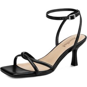 AIUNIIND Kitten Heels for Women, Square Open Toe Heeled Sandals, Strappy Ankle Strap Shoes for Dress, Party, Low Heel, Black, Size 8.5