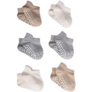 Anti Slip Low Cut Socks With Grips For Babies Infant Toddlers Kids Boys And Girls, Non Skid Ankle Socks (6-12 Months, Pack of 6, Biege)
