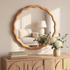 Scalloped Round Mirror 24", Wood Framed Nursery Wall Mirror with Tempered Glass, Decorative Wavy Edge Circle Mirror for Bedroom, Entryway or Living Room