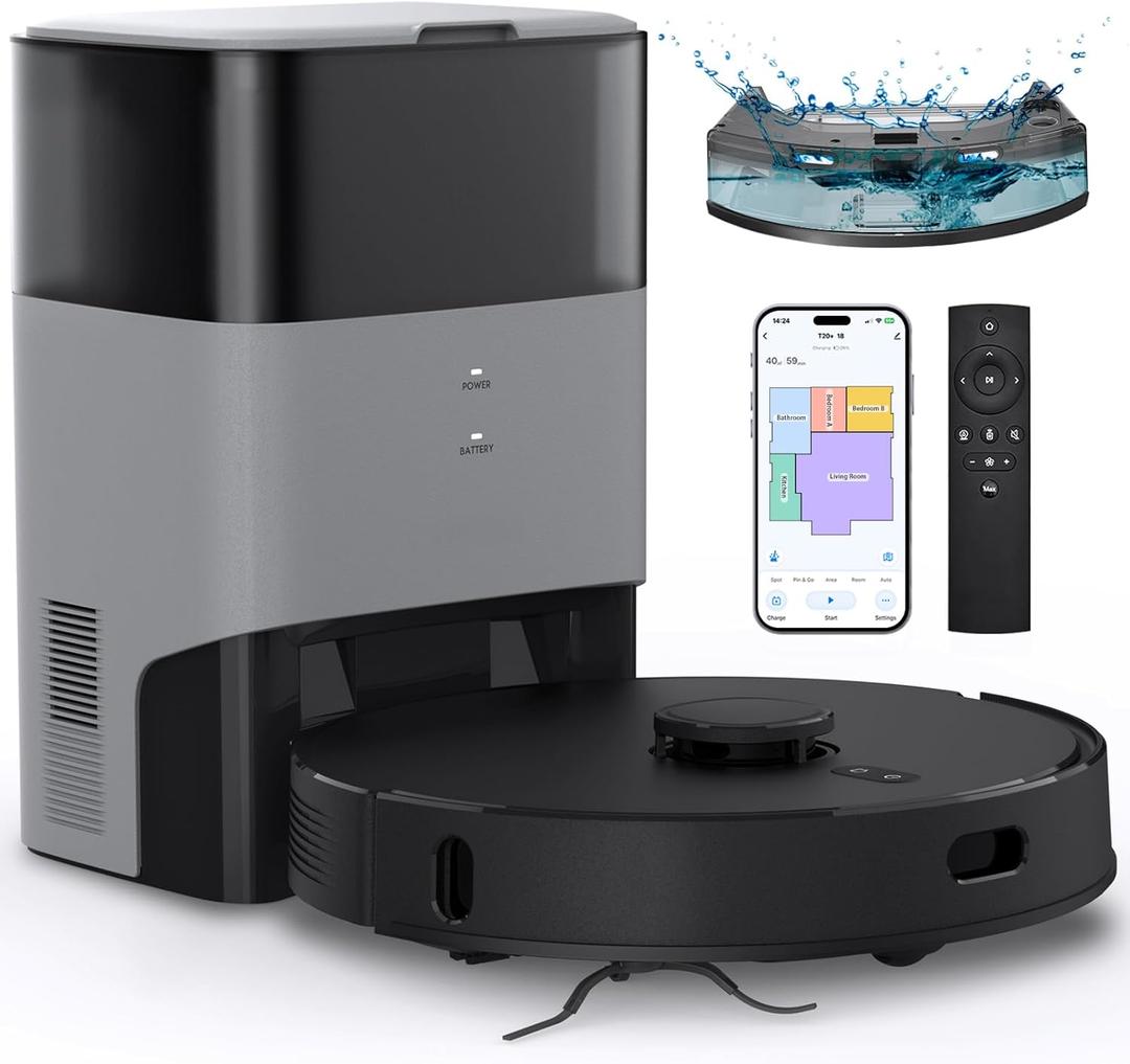 Robot Vacuum and Mop Combo, Self-Emptying, 60-Day Capacity, Schedule, 180mins Runtime, Home Mapping, Wi-Fi/App/Alexa/Remote, Robotic Vacuum Cleaner for Pet, Hard Floors, Carpet (Black)