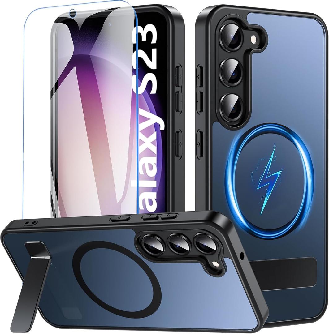 OWKEY for Samsung Galaxy S23 Case 6.1" with Screen Protector Built-in Invisible Kickstand Compatible with MagSafe, Magnetic Shockproof Translucent Matte Slim Bumper Cover for S23 Phone Case, Black