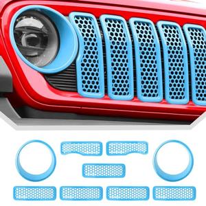 JeCar Mesh Grill Inserts & Headlight Covers Fit for 2024+ Jeep Wrangler JL Grill Covers Trim Accessories (9pcs Light Blue)