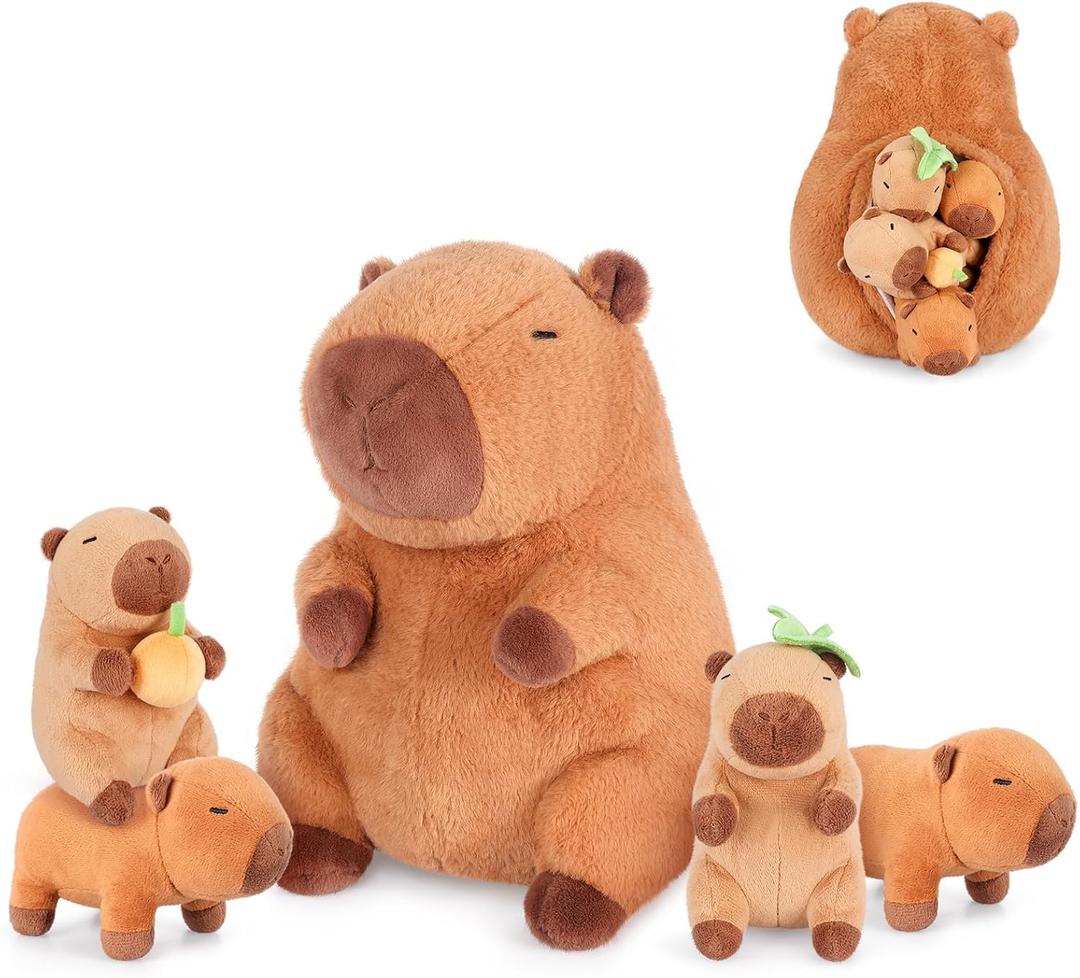 5-in-1 Sitting Capybara Stuffed Animals with Babies Inside, 5PC Set Capybara Plush with Mommy & 4 Babies, Soft Pillow Decor, Cute 3 to 8 Year Old Girl Boy Gifts, Imaginative Play Toy(Capibara)