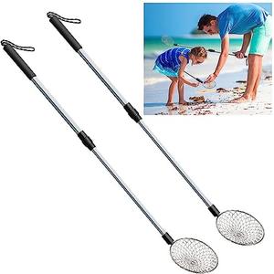 2 Pack 5.3 Inch Beach Sand Sifter- 22~35 Inch Adjustable Shark Tooth Sifter- Sand Scoop Shell Scooper for Beach- Beach Scoop Shovel and Sifter Tool for Picking Up Shells Beachcombing & Rock Hunting