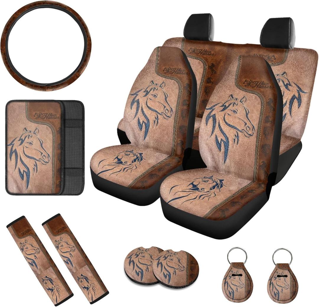 12 Pieces Car Seat Cover Full Set, Horse Print Automotive Accessories, Front Seat and Back Bench Seat Covers Steering Wheel Cover Seat Belt Pads Armrest Pad Cup Mat and Key Chain