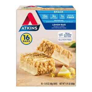 Atkins Lemon Flavored Snack Bar, High Protein Bar, Low Sugar and Low Carb, Keto Friendly Snack, Gluten Free, High in Fiber, Made with Real Almond Butter, 16 Count (EXP 12/19/26)