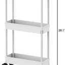 Sooyee 3 Tier Rolling Cart with Wheels, Slim Storage Cart, Under Desk Narrow Rolling Utility Cart Storage Organizer for Office Bathroom Kitchen Laundry Room Narrow Places, White, Plastic and Metal