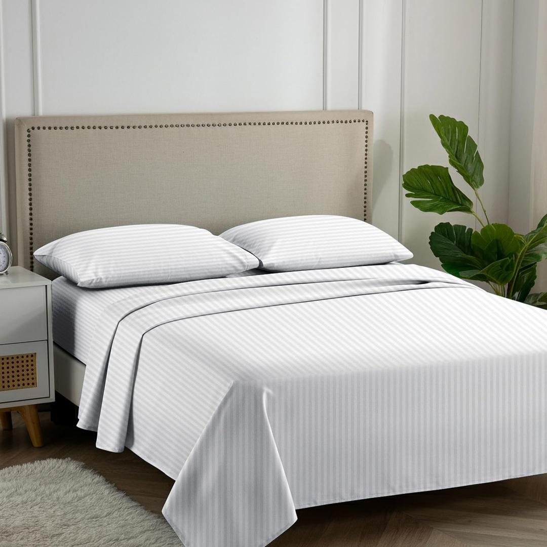 Carressa Linen Luxury Egyptian Cotton Full Stripe Sheet Set - 600 Thread Count Extra Long Staple 4 PC Set, Crisp White Full Damask Sheets, Soft, Cooling Sateen Weave Sheets Upto 18 in Deep Pocket