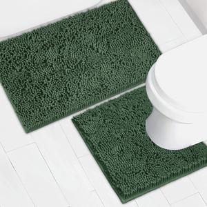 Bathroom Rugs Chenille Bath mat 2 Piece Set, Super Absorbent, Strong PVC Non Slip Backing, Bath mats for Bathroom, Plush Shaggy, Thick, Machine Washable, Bathtub, Toilet.(Bronze Green), 20''x20''U-Shape+20''32''