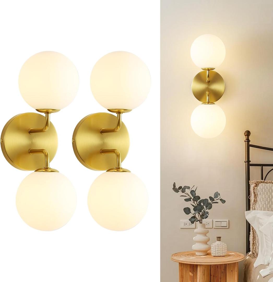 Yunnix Wall Sconce Set of Two Gold Wall Vanity Light Modern Globe Wall Sconces Light Mid Century Wall Sconce 2 Light for Bathroom Mirror Living Room Bedside Living Room Bedroom(Bulbs Not Included)