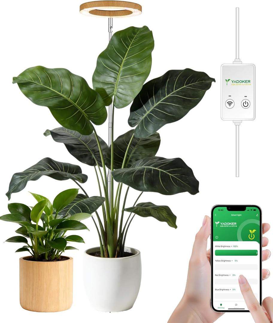 Plant Grow Light,yadoker Smart Plant Light Compatible with Alexa,Google for Indoor Plants,Height Adjustable,Customized Light Brightnesss,Multiple Timers (1 Pack, Wood Grain)
