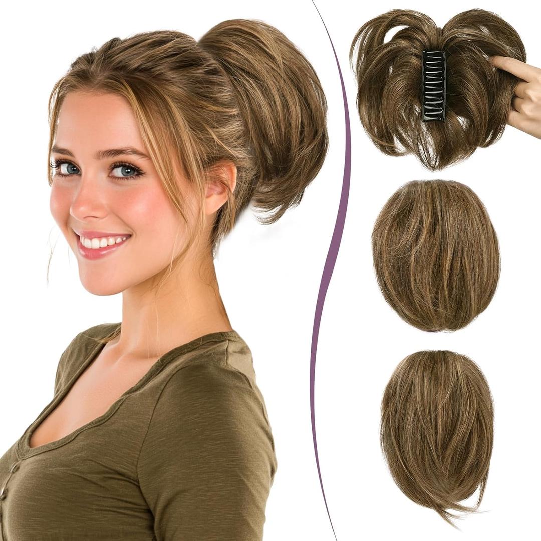 RUWISS Claw Clip Short Human Hair Ponytail Extension with Bendable Metals for DIY Styles Straight Messy Bun Hair Piece for Women Hairpieces for Daily Wear,9 Inch Medium Brown with Honey Blonde