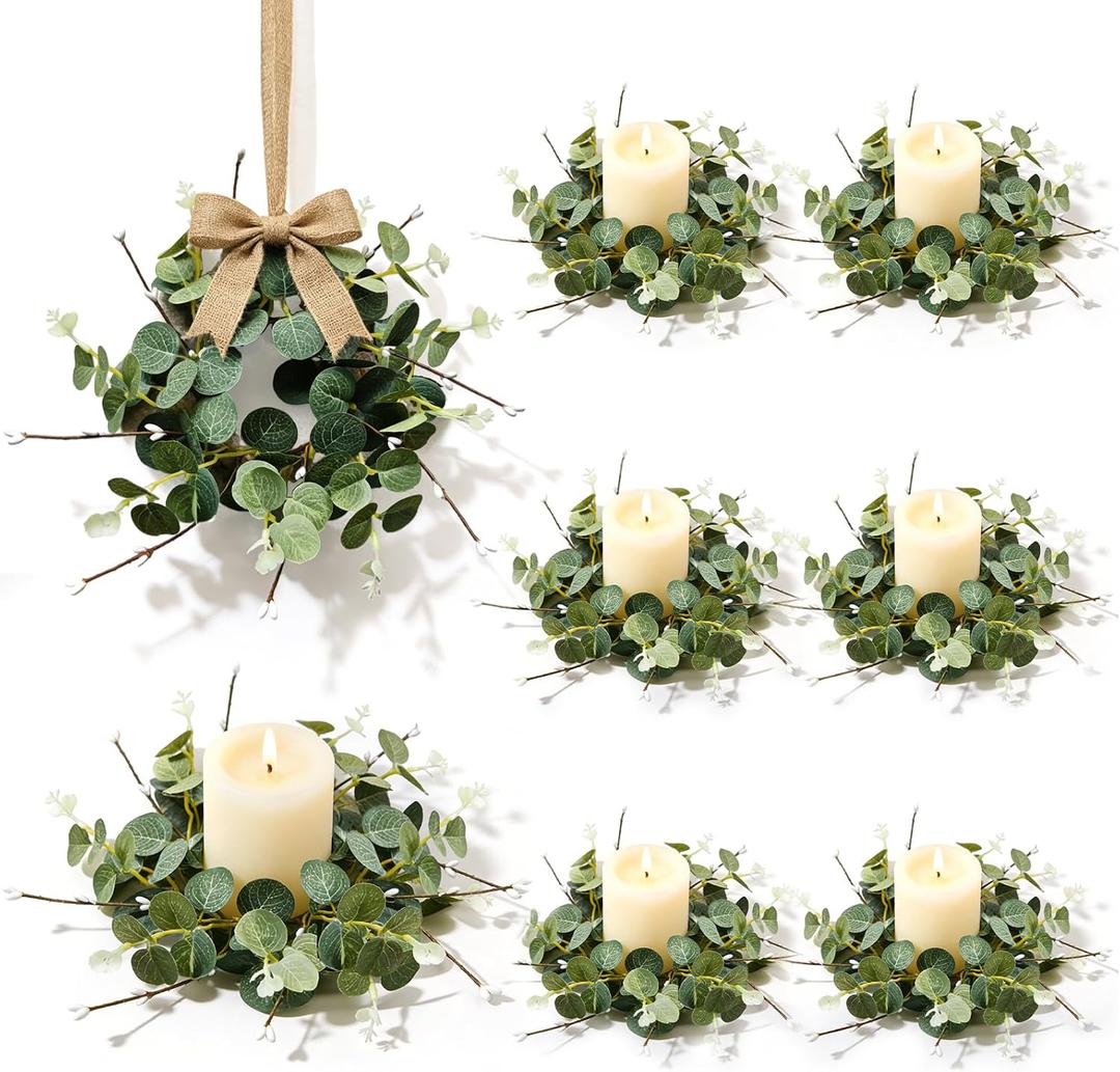 6 Pcs Small Spring Summer Candle Ring Wreaths with Artificial Eucalyptus Greenery White Buds Branches Mini Pillar Candle Holder Wreath for Home Table Centerpieces Kitchen Wedding Farmhouse Party Decor
