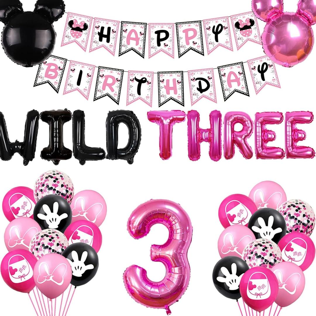 Pink 3rd Birthday Decorations Girls Wild Three Balloons Girls Three Banner for Girls Three Years Old Birthday Party Supplies Decorations