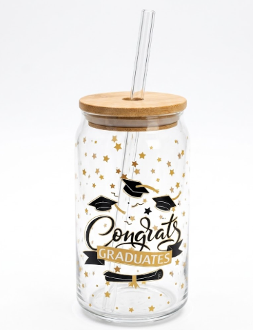 4 Pcs Glass Cups with Lids and Straws with Design Graduation Clear 16 oz Drinking Set Glass Tumbler Cute Design Iced Coffee Cups for Congrats Grad Party Gifts 