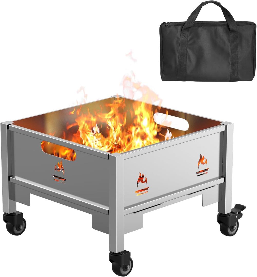 16 Inch Portable Plug Stove, Collapsible Wood Burning Stove for Outside, Outdoor Folding Square Firepits for Camping Picnic Backyard Patio Garden with Carrying Bag, Stainless Steel