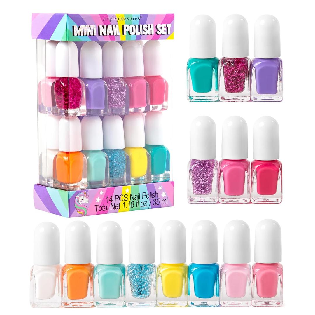 SIMPLE PLEASURES Rainbow Glitter Kids Nail Polish Set for Girls  14 Water-Based Non -Toxic Nail Art Kit - Gift Set for Ages 7-12 (Pink)