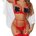 Avidlove Sexy Lingerie for Women Underwire Floral Lace Bra and Panty Garter Lingerie Sets (Medium)