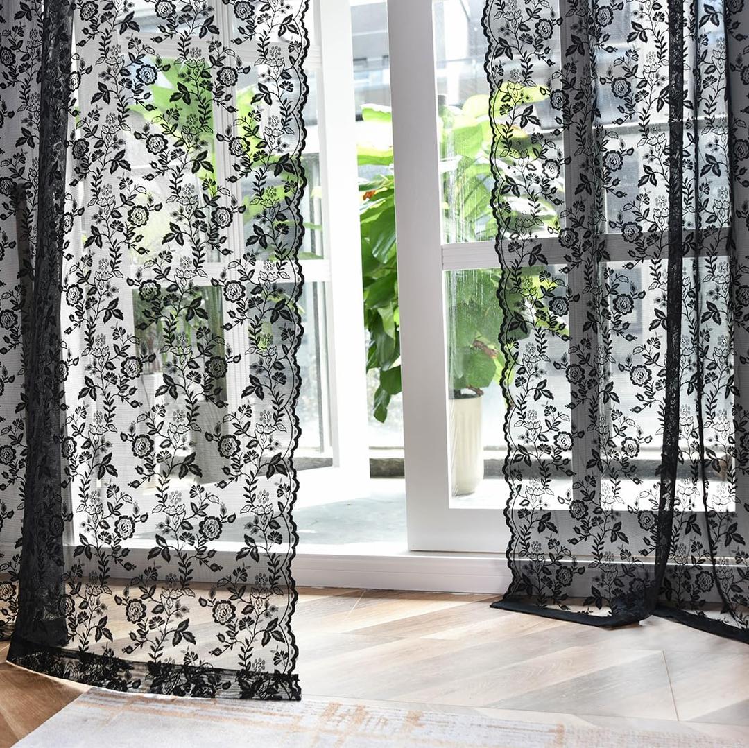 FINECITY Black Lace Curtains 84 Inches Long for Living Room, Country Rustic Floral Black Lace Sheer Curtains for Bedroom, Privacy Gothic Sheer Window Curtain, 52 x 84 Inch, 2 Panels