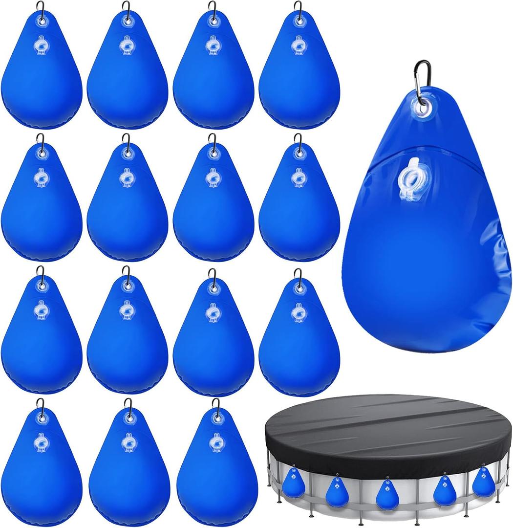16Pcs Pool Cover Weights with Hooks, Swimming Pool Cover Hanging Bag Heavy Duty PVC Pool Water Bags, Antifreezing Winter Pool Cover Weights for Above Ground Swimming Pool Closing Kit