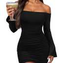 Women's Off Shoulder Bodycon Mini Dress Elegant Long Sleeve Ruched & Ribbed Tight Fit Clubwear for Cocktail Party,Date Night Size S