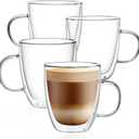 CNGLASS Large Glass Coffee Mugs 12oz,Double Walled Insulated Cappuccino Mug with Handle,Set of 4