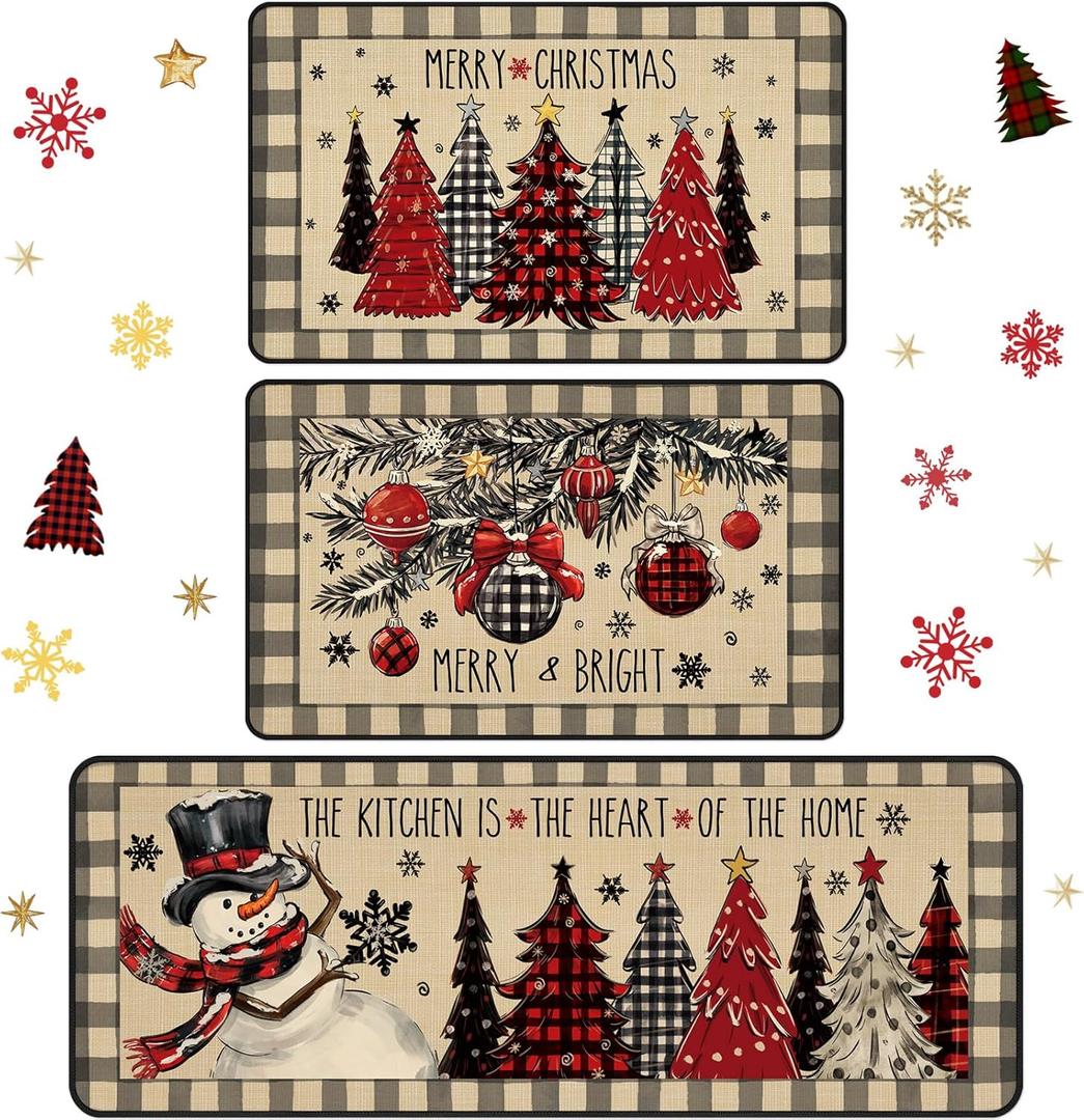3 Pcs Christmas Kitchen Rug and Mat Set Washable Buffalo Plaid Xmas Tree Kitchen Floor Mats Non Slip Farmhouse Merry Christmas Doormat Holiday Xmas Decor for Home Office Bathroom Party Decor (Black,White)