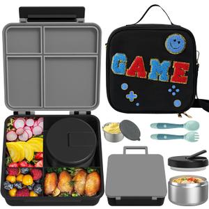 Kids Bento Lunch Box with 8oz Soup Thermo, Kids Leakproof Lunch Food Containers with 4 Compartment,Insulated Hot Food Jar with Lunch Bag for School, Travel (Black)