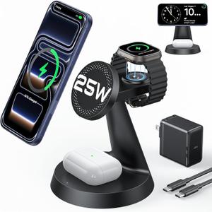 25W Fast Charging Station for MagSafe Charger for iPhone 17/16/S26 Ultra/Pixel 10, 3 in 1 Magnetic Wireless Charger with 45W Adapter Only for iWatch & Earbuds, Charger Stand Dock with Heat Dissipation
