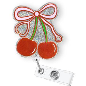 2 x Cherry Stethoscope Bow Badge Reel Retractable for Nurse Nursing RN CNA ER LPN & Medical Worker, Cute Nurse Week Gifts, Pink Bow Cherry Badge Holder with Alligator Clip, Bow & Stethoscope Badge Clip