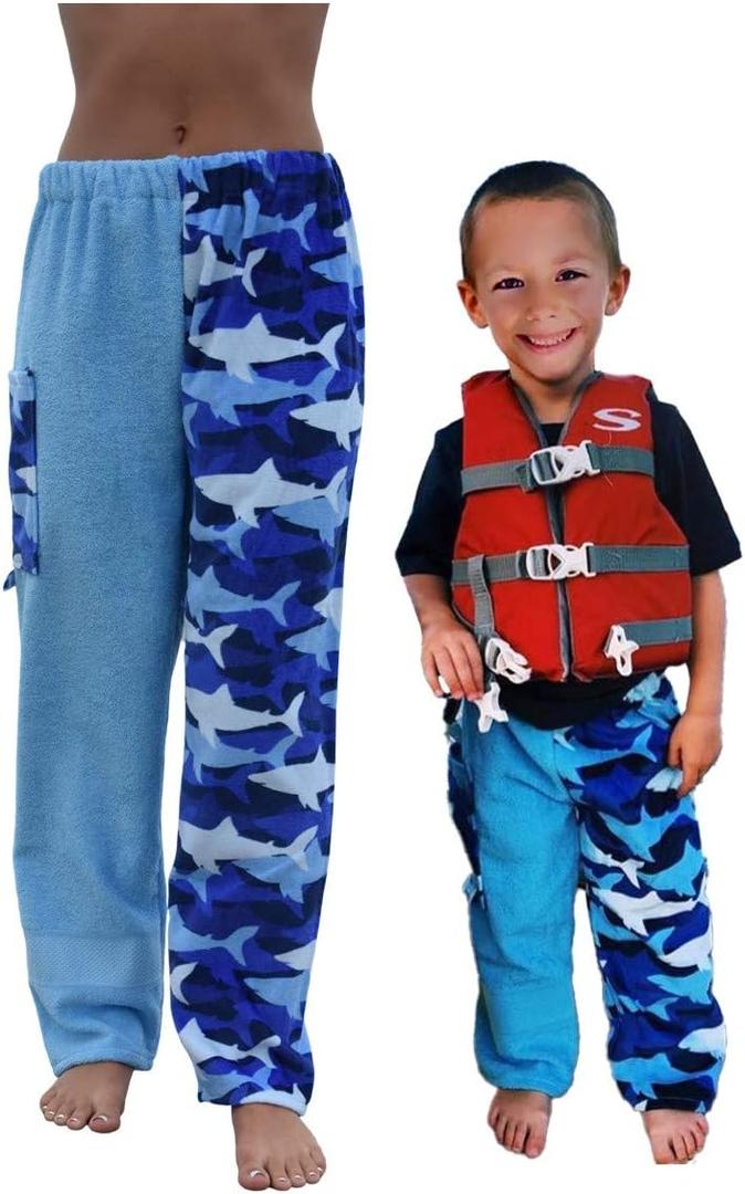 Paradise Towelwear Towel Pants for Swimmers – Cotton Terry Cloth Towel Pants – Beach Coverup – Resort Wear – Swim wear - Blue Shark Pattern (Size Kids M/ L)