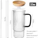 32oz Ribbed Glass Cup with Handle Bamboo Lid and Straw, Glass Tumbler, Iced Coffee Cups Hot/Cold Drinks (Black Handle)