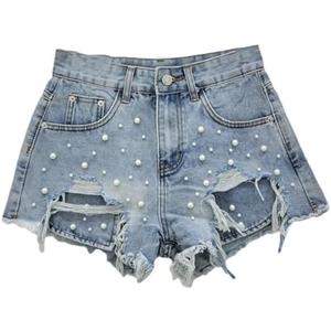 Jegsnoe Women Beads Ripped A-Line Denim Shorts Summer High Waist Slim Frayed Wide-Leg Shorts L