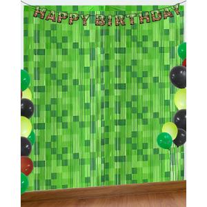 Green Pixel Miner Foil Fringe Curtains - 2 Pack 3.3x6.6ft Metallic Video Game Birthday Photo Booth Backdrop, Door Streamers for Gamer Party Decorations & Room Wall Decor