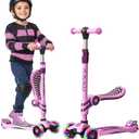 Pink and Purple 3 Wheel Scooter with Seat for Kids, Light-Up Wheels, Adjustable Lean to Steer Handlebar and Seat, Smooth Wheels, Wide No-Slip Deck, Rear Foot Brake, Toddler Outdoor Toys for Ages 2+